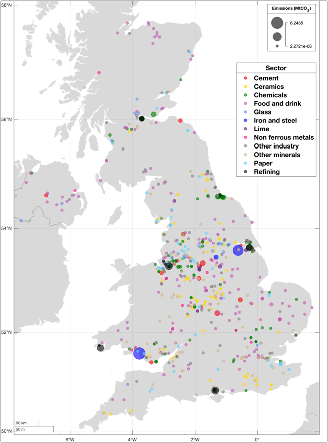 GB map of location of UK industrial point source sites based on NAEI 2020 data